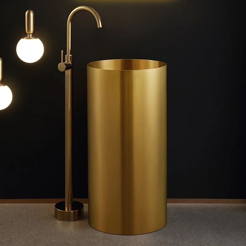 

Роскошная напольная раковина из нержавеющей стали для общественного PVD розового золота, круглая раковина для ручной умывальника с пьедесталом, раковины для ванной комнаты в отеле