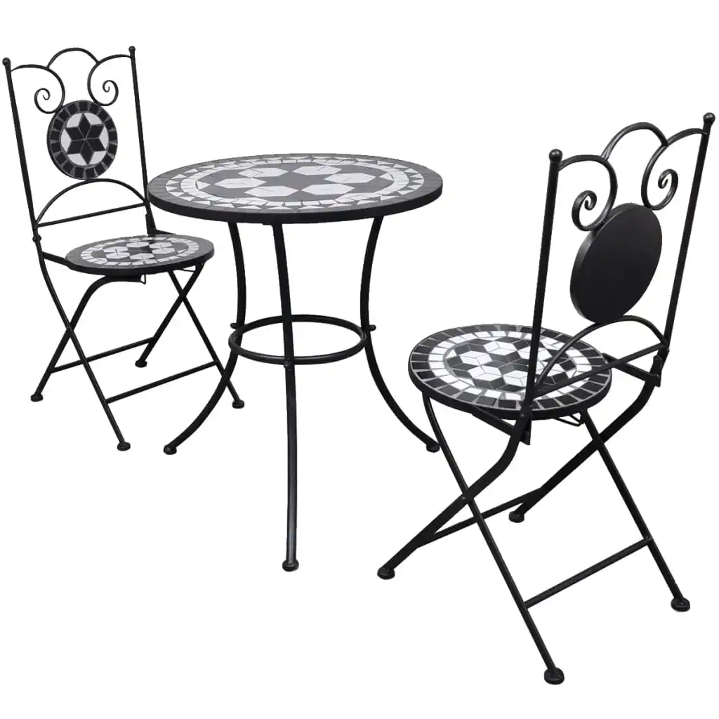 

3 Piece Bistro Set Ceramic Tile Black and White Outdoor Table and Chair Sets Outdoor Furniture Sets