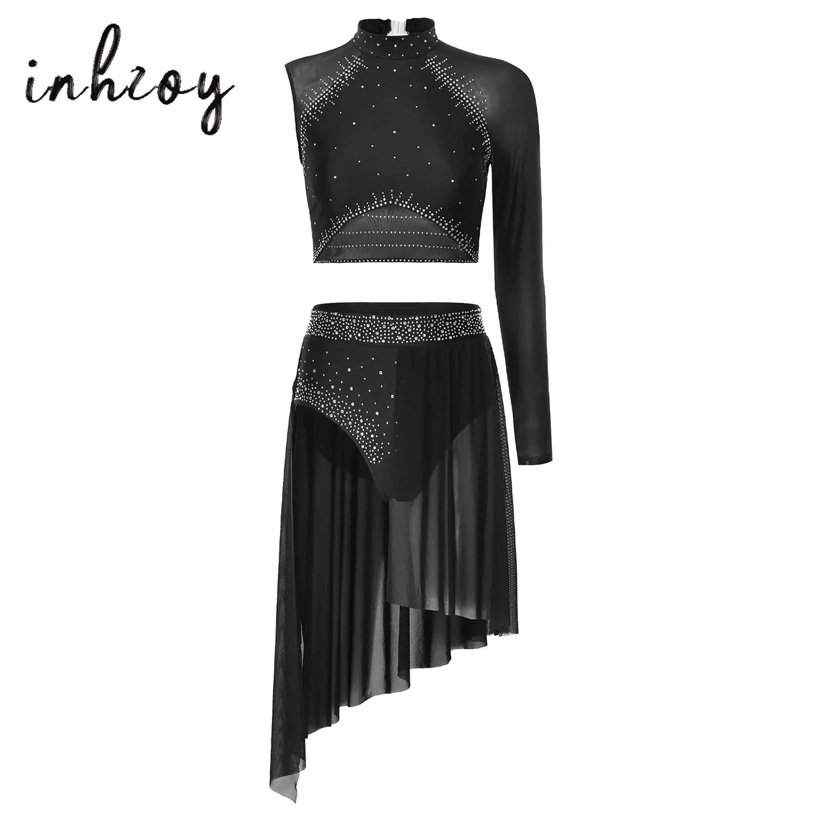 

Women Figure Skating Dance Costume Ballet Lyrical Dancewear Sheer Mesh Shiny Rhinestones Asymmetrical Crop Top Split Skirt 2Pcs