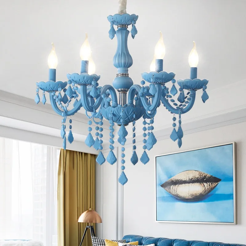Blue chandelier living room crystal lamp bedroom Internet cafe lamp Nordic Macaron creative cafe restaurant candle lamp