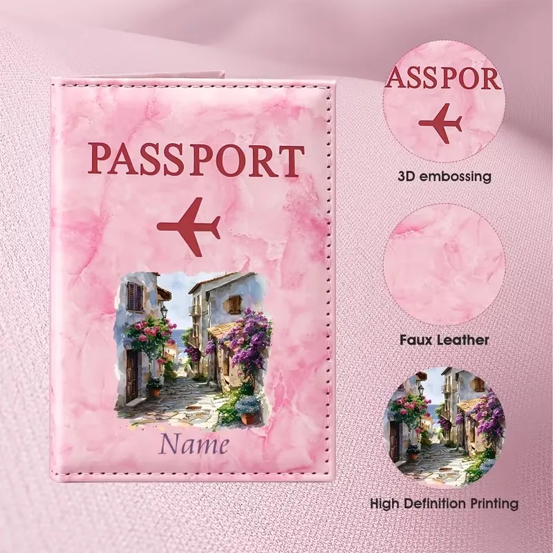 Personalized Name European Town Floral Landscape Illustration PU Passport Holder, Depicting The Romantic Mediterranean Style