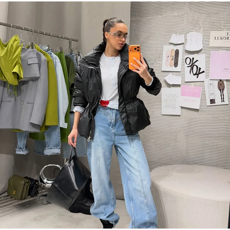 Glossy Stand‑Collar Drawstring Waist Back Zip‑Up Puffer Coat 2026 Winter Women Warm Padded Jacket Trendy Lady Cotton‑Padded Coat