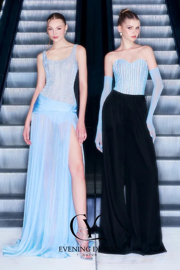 CUYUN Luxury Evening Dresses Women with Beading Customized A Line Prom Dresses Side High Slit Sexy Party Gown for Birthday Party