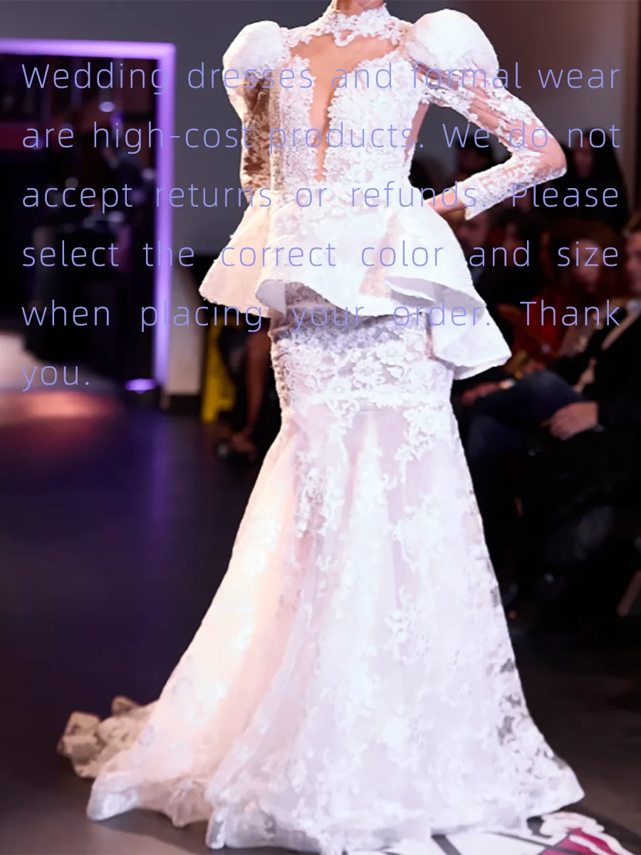 أنيقة عالية الياقة نفخة الأكمام الدانتيل Ruched حورية البحر فساتين زفاف العروس أثواب الزفاف حسب الطلب