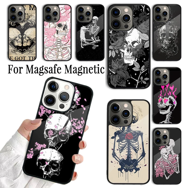 Phone Case For iPhone 16 15 14 13 12 Mini 11 Pro Max Plus Magsafe Magnetic Wireless Charging Cover Skeleton Bones