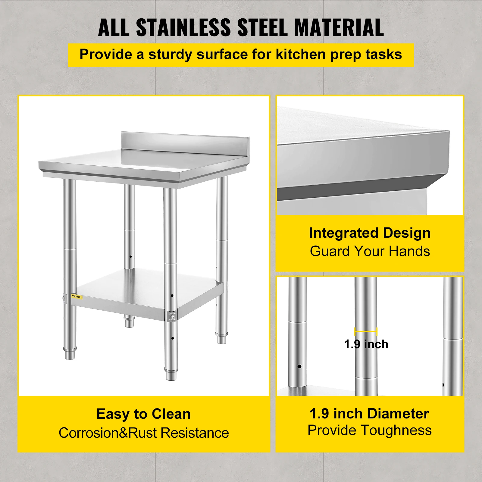 VEVOR Kitchen Work Bench Commercial Catering Table Worktable with Undershelf Stainless Steel 330LBS 286LBS for Restaurant Garage