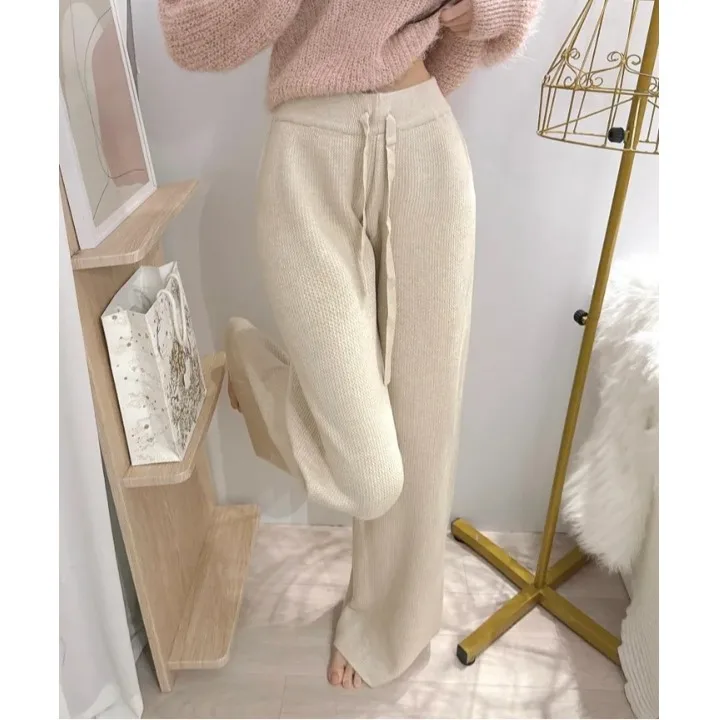 Chic taille haute tricoté pantalons décontractés femmes coupe ample Simple Sle automne hiver nouveauté longueur de plancher pantalon à jambes larges