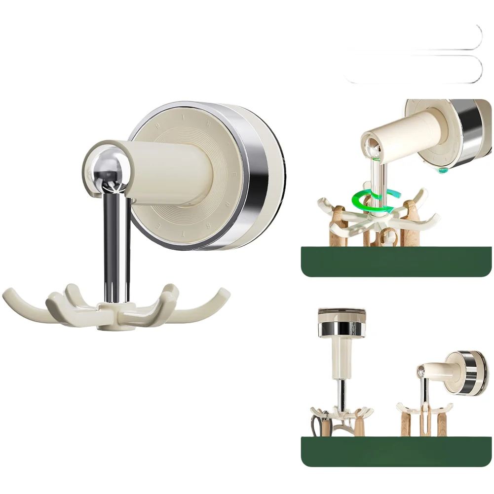 Kitchen Utensil Holder Wall Mount with 6 Claw Rotating Hooks Suction Cup Hook Rack No Drill Installation Supports Up to 3kg