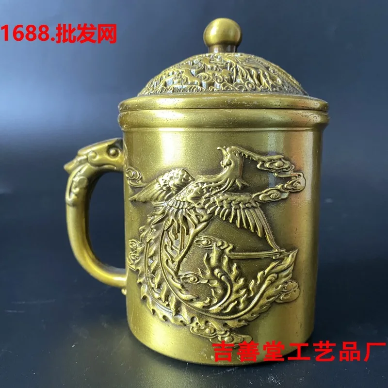 Brass Dragon and Phoenix Cup with Relief Lid, Traditional Water Cup, Home Office Decorative Craft, Copper Tea Cup, Tea Cylinder