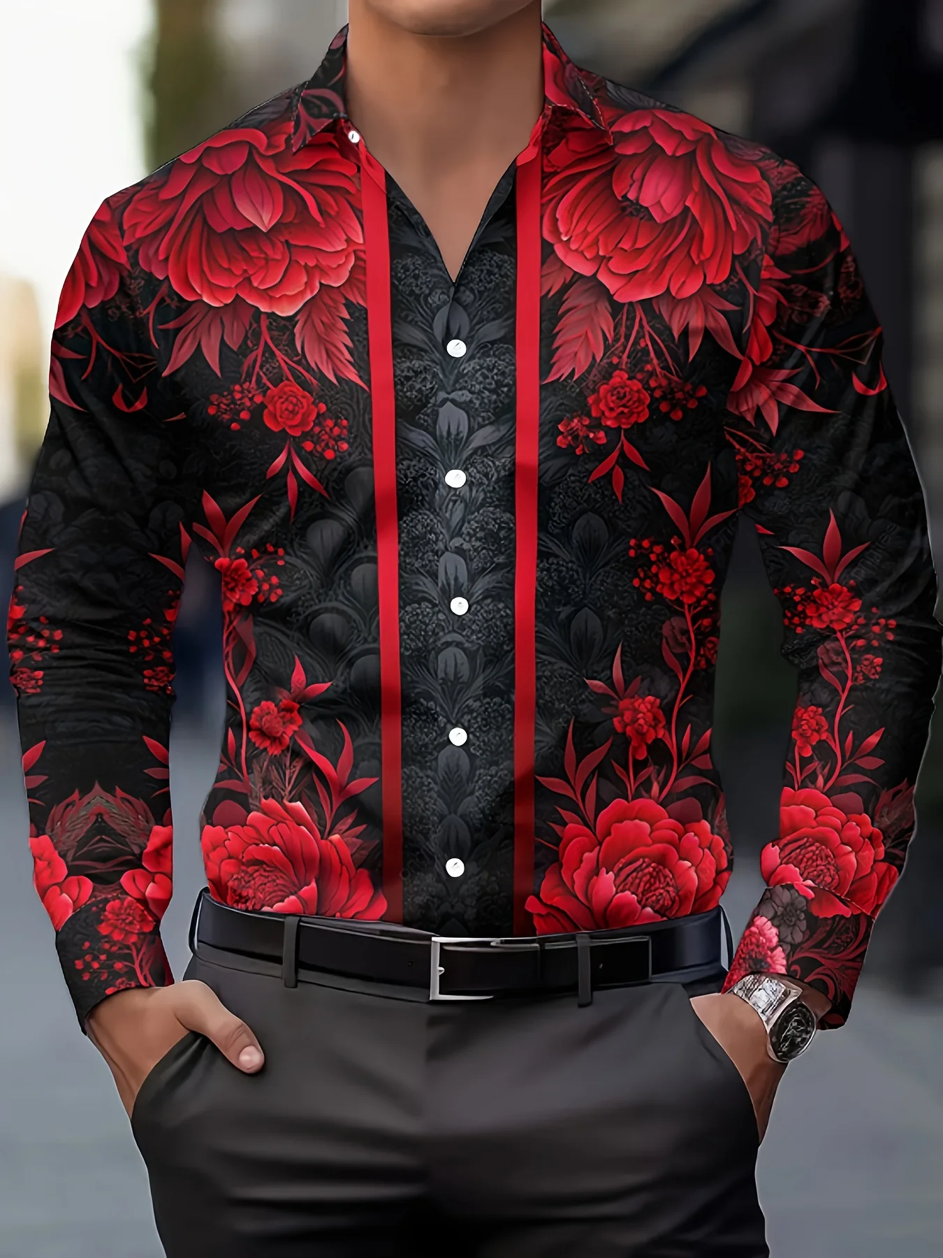 

Men'S Stylish Red Floral Print Dress Shirt - Casual Long Sleeve Button-Up Design Spring Fashion Shirt Floral Print Shirt