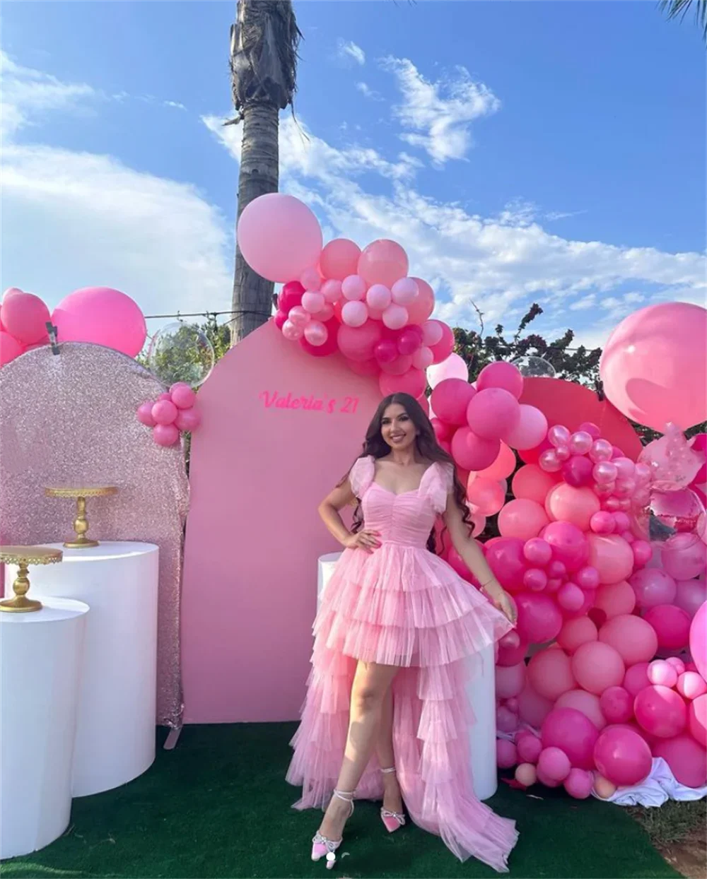 Querida alta e baixa vestido de baile vestidos de noche 2025 novo personalizado rosa tule multi-camada vestido de noite espartilho vestido de festa