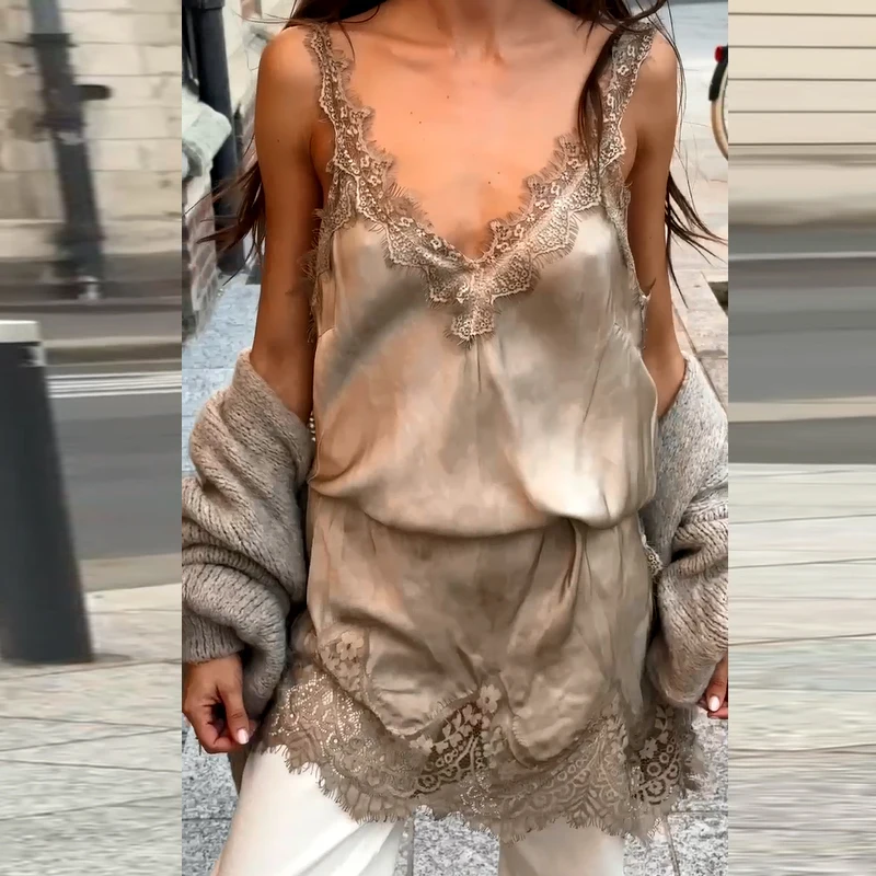

Элегантное женское атласное шелковое короткое платье с кружевной отделкой, мини-платье с кружевными вставками, на тонких бретельках, свободное платье для сна