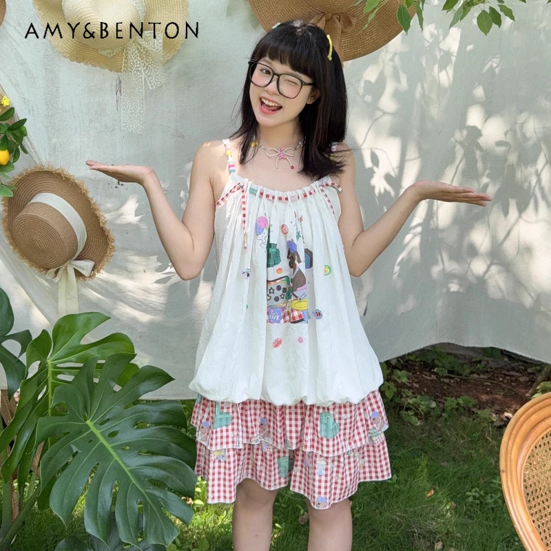

Original Illustration Printing Childlike Splicing Women's A-line Dress Japanese Sweet Cute Age-reducing Cake Sling Dress Ladies
