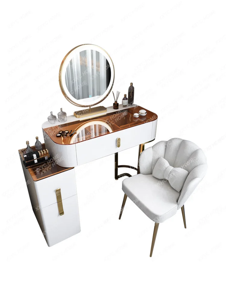 Dresser Light Luxury Bedroom Modern Simple Small Apartment Makeup Table Tempered Glass Solid Wood Storage Cabinet Integrated