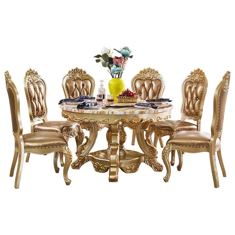 Marble dining table and chair combination round noble gold all solid wood dining with turntable small apartment dining