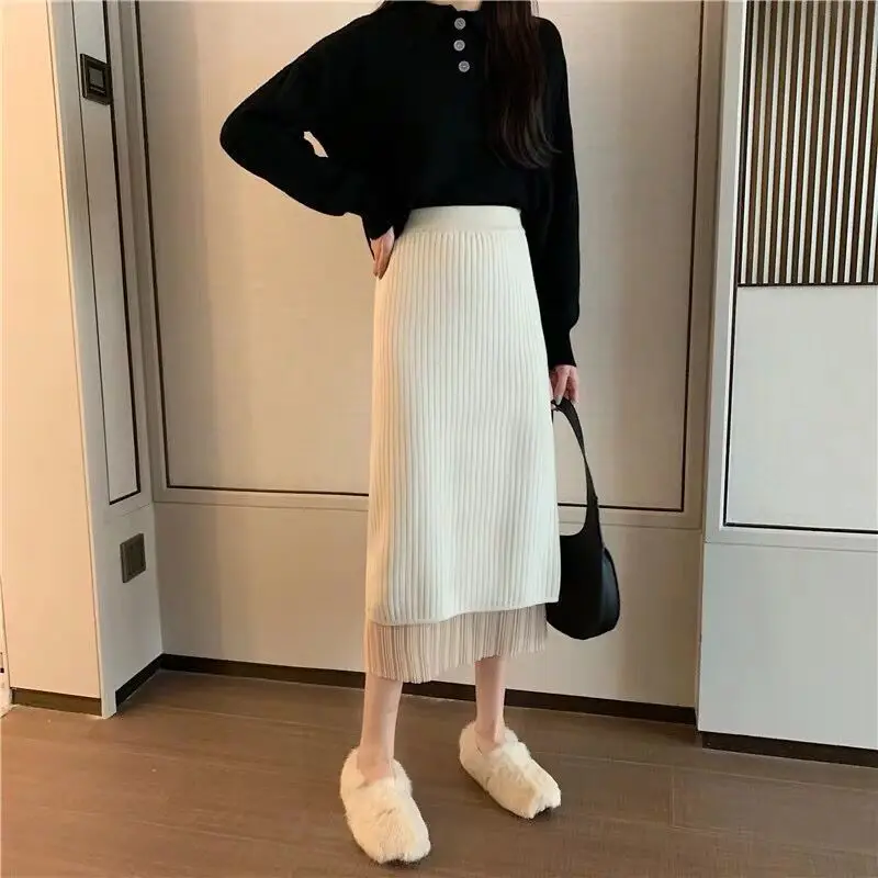 Autumn Winter New Solid Color Elastic Waist Knitting A-line Skirt Women High Street Screw Thread Lace Patchwork Hip Wrap Skirt