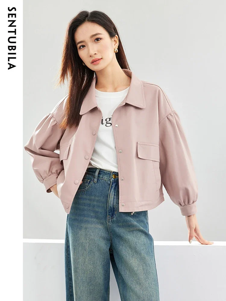 

SENTUBILA Leather Jackets Women 2025 Autumn Simple Fashion Office Lady Lantern Sleeve Tum-Down Collar Jackets Female W33G52538