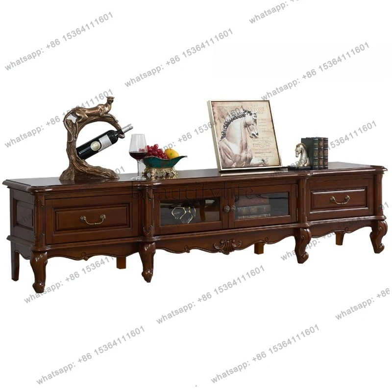 

American all-solid wood TV cabinet pure original wood carving flower living room floor cabinet 2.2 meters high-end furniture