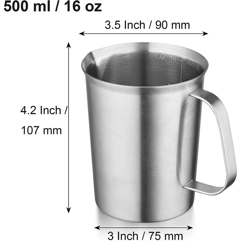 Stainless Steel Measuring Cup With Handle And Pour Lip, With Oz And ML Marking, Pitcher