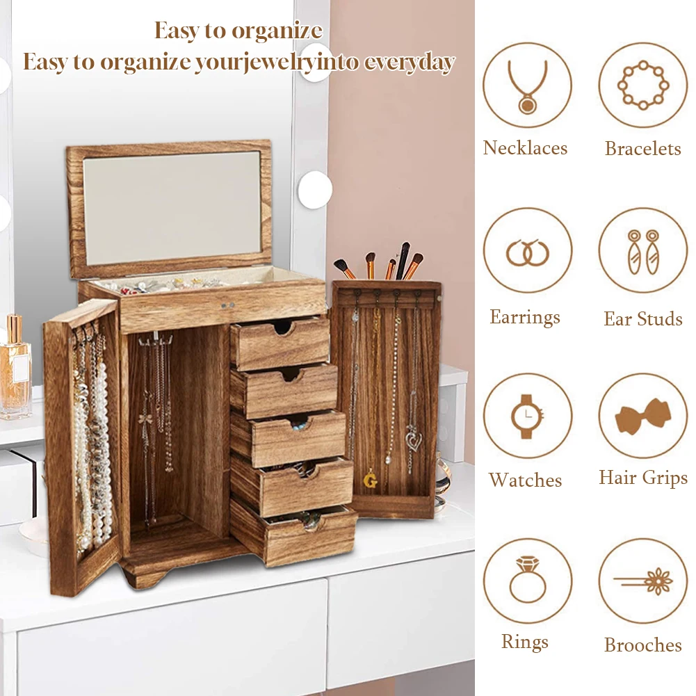 

Wood Jewelry Box Large Jewelry Organizer Box with Drawers & Mirror Jewelry Storage Box Jewelry Display Box for Dressing Table