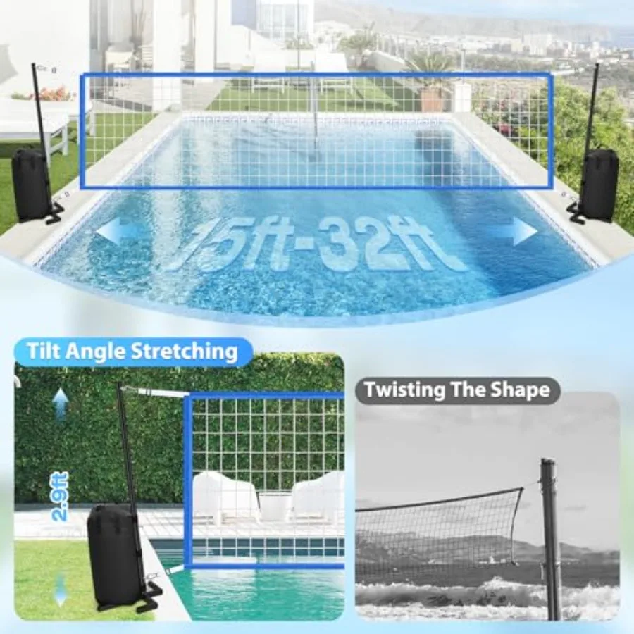 Pool Volleyball Net for backyard pools, heavy-duty PVC material, blue and white color, includes 2 volleyballs and dual 25L wate
