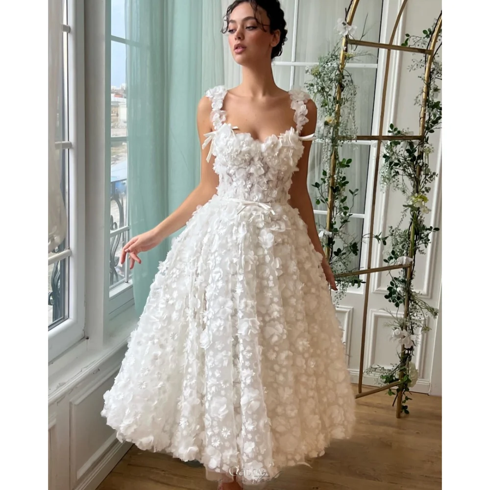 Cathy White 3D Flowers Lace Spaghetti Strap Wedding Dresses A-line vestidos de noche Strapless Customized Formal Evening 2024