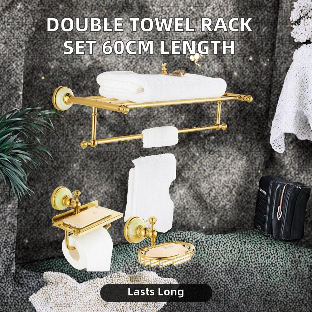 Modern Brass Double Towel Rack Set with Toilet Pendant Floor Mounted Bathroom Hardware 60cm Length