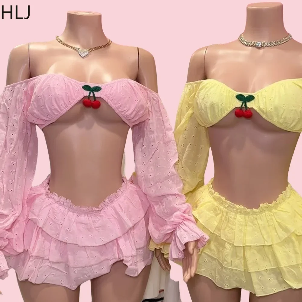 HLJ-Conjunto de dos piezas con volantes de cereza Y2K para mujer, Top corto de manga larga con hombros descubiertos y minifalda, ropa de calle femenina