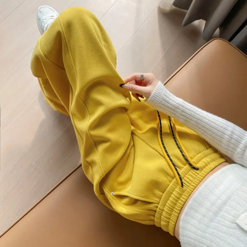 Yellow Thiened Fce Lined Sports Sweatpants Women's Winter Wide Leg Pants Loose Floor Length Banana Ape Casual Trousers