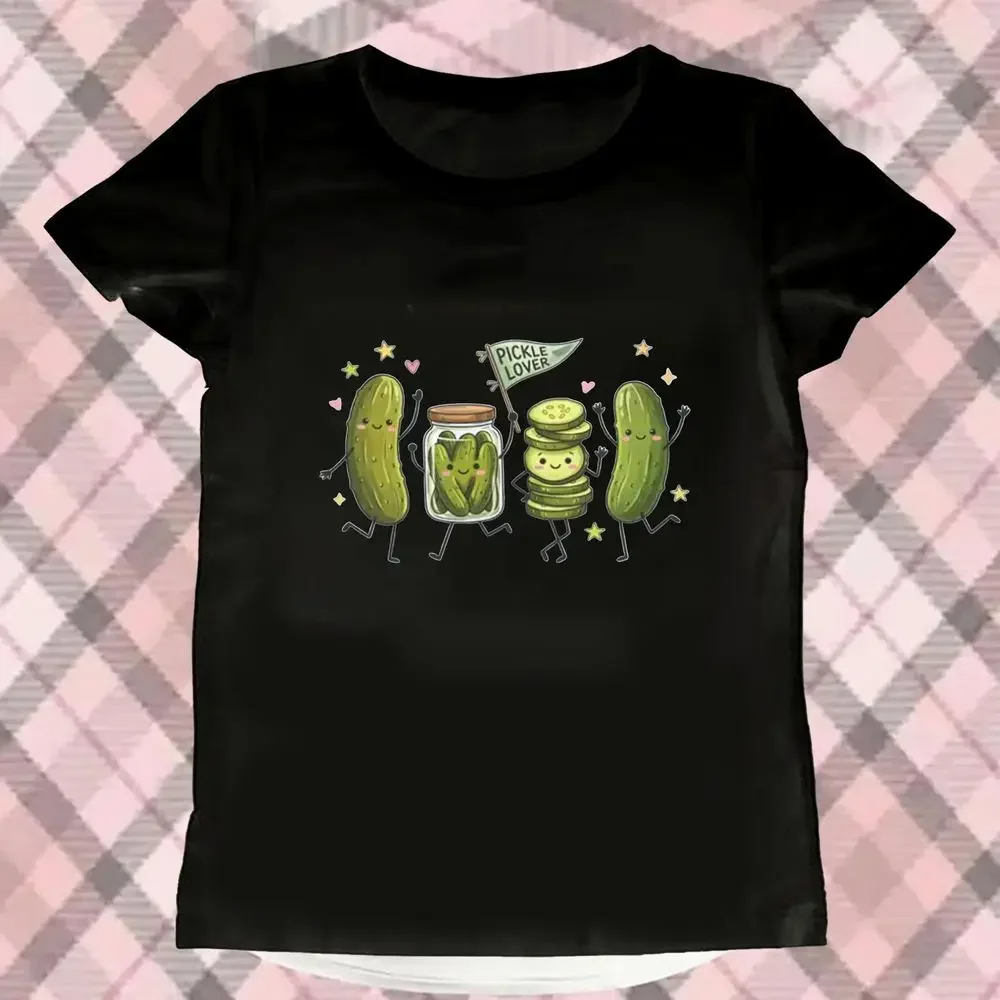 Happy Pickle Doodle T Shirt Casual Round Neck Printed Short Sleeve T-shirt Cute Smiling Funny Pickle Lover Fashion Woman Clothes