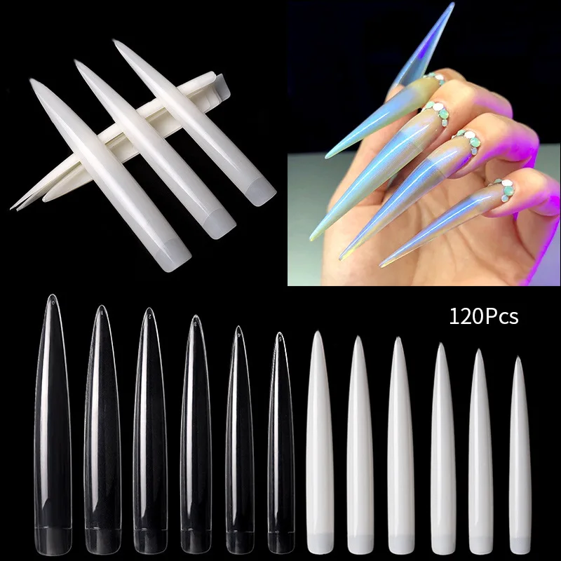 10/60/120pcs EXtra Long pointed Stiletto Nail Art Tips Clear Natural Half Cover Acrylic UV Gel False Nail Tips Manicure DIYSalon