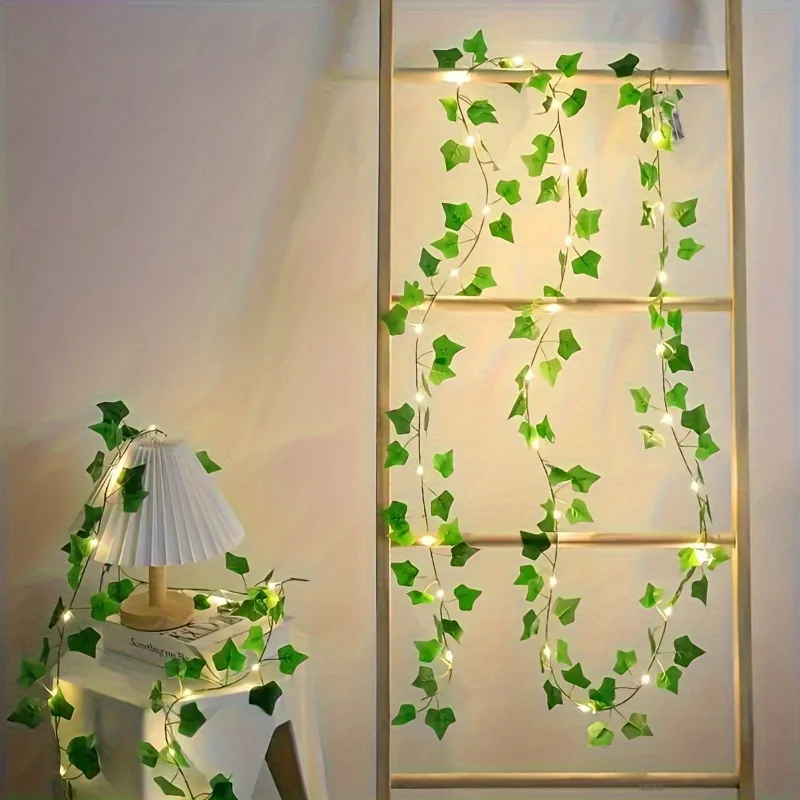 LED Green Ivy Leaf Garland Fairy Lights Artificial Vine String Light Battery Operated  For Wall Hanging Bedroom Christmas Party