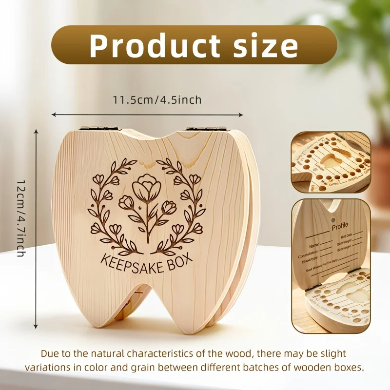 1PCS Tooth-Shaped 2D Wooden Tooth Keepsake Box Wooden Storage Box Tooth Fetal Hair Commemorative Collection Birth Souvenir Gift