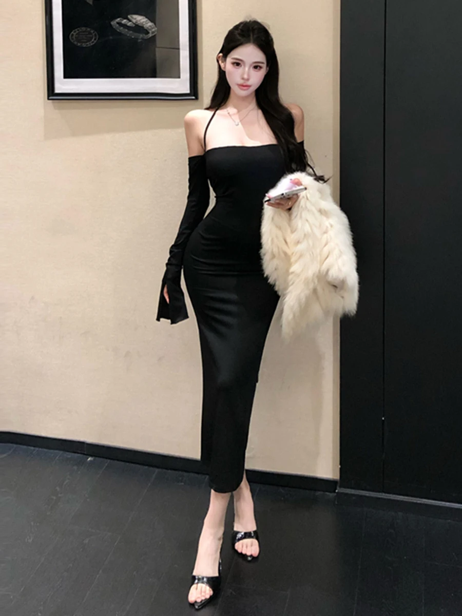 

Сексуальное соблазнительное платье с длинными рукавами и открытыми плечами, подчеркивающее талию и бедра, для молодых женщин.