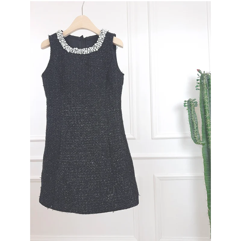 Women Fragrance Black Round Neck Pearl Collar Sleeveless Tweed Dress Fashion Sweet Vintage French Wedding Party Short Dress