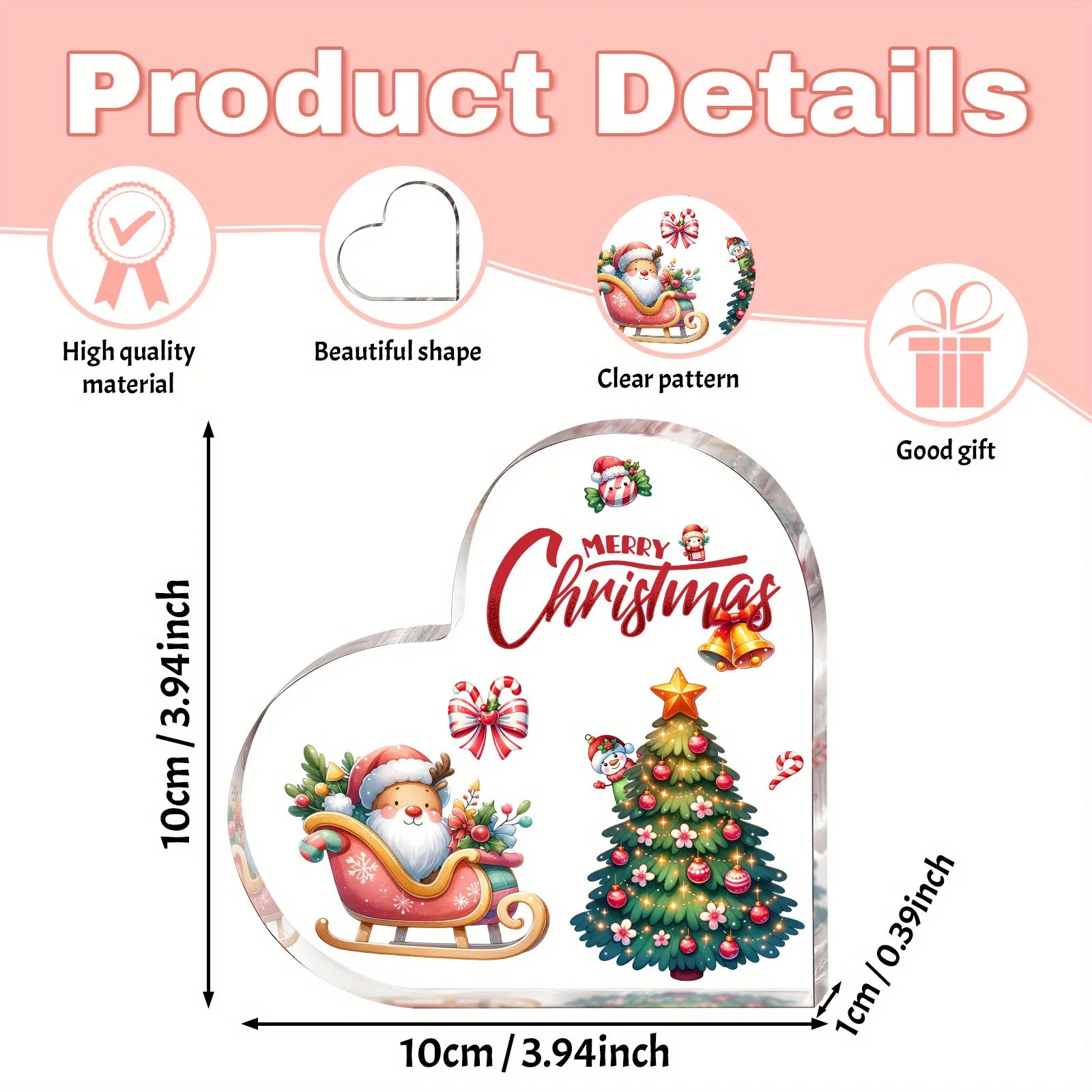 Heart Shape Acrylic Sign, Merry Christmas Santa Reindeer Sleigh Desktop Ornament, Christmas Tree Snowman Candy Cane Table Decor, Colorful Xmas Home Holiday Gift