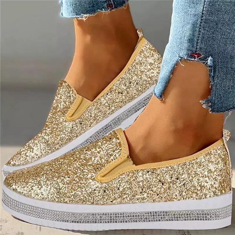 

Crystal Diamonds Women Flats Bling Woman Shoes Rhinestone Ladies Casual Shoes Round Toe Slip-on Platform Women's Shoes