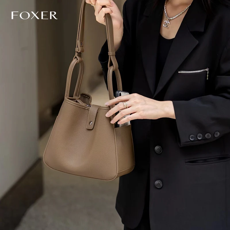 FOXER Retro Commuter Split Leather Shoulder Crossbody Bag Women\'s Fashion Mini Handbag Lady Chic Composite Bag With Cute Pendant