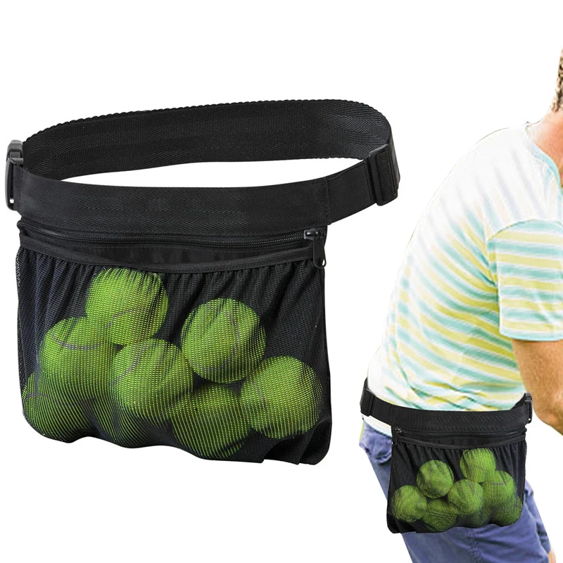 

Tennis Ball Carry Bag Large Capacity Zipper Tennis Ball Storage Waist Bag for Outdoor Sport Mobile Phone Holder Mesh Pouch