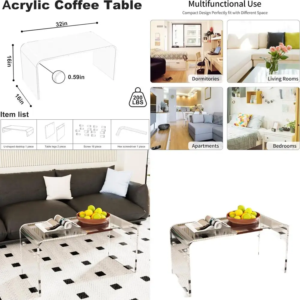 

Mid-Century Modern Clear Acrylic Coffee Table, 32x16x16, Assembly Required, Ideal for 2-Seater Sofa Living Room