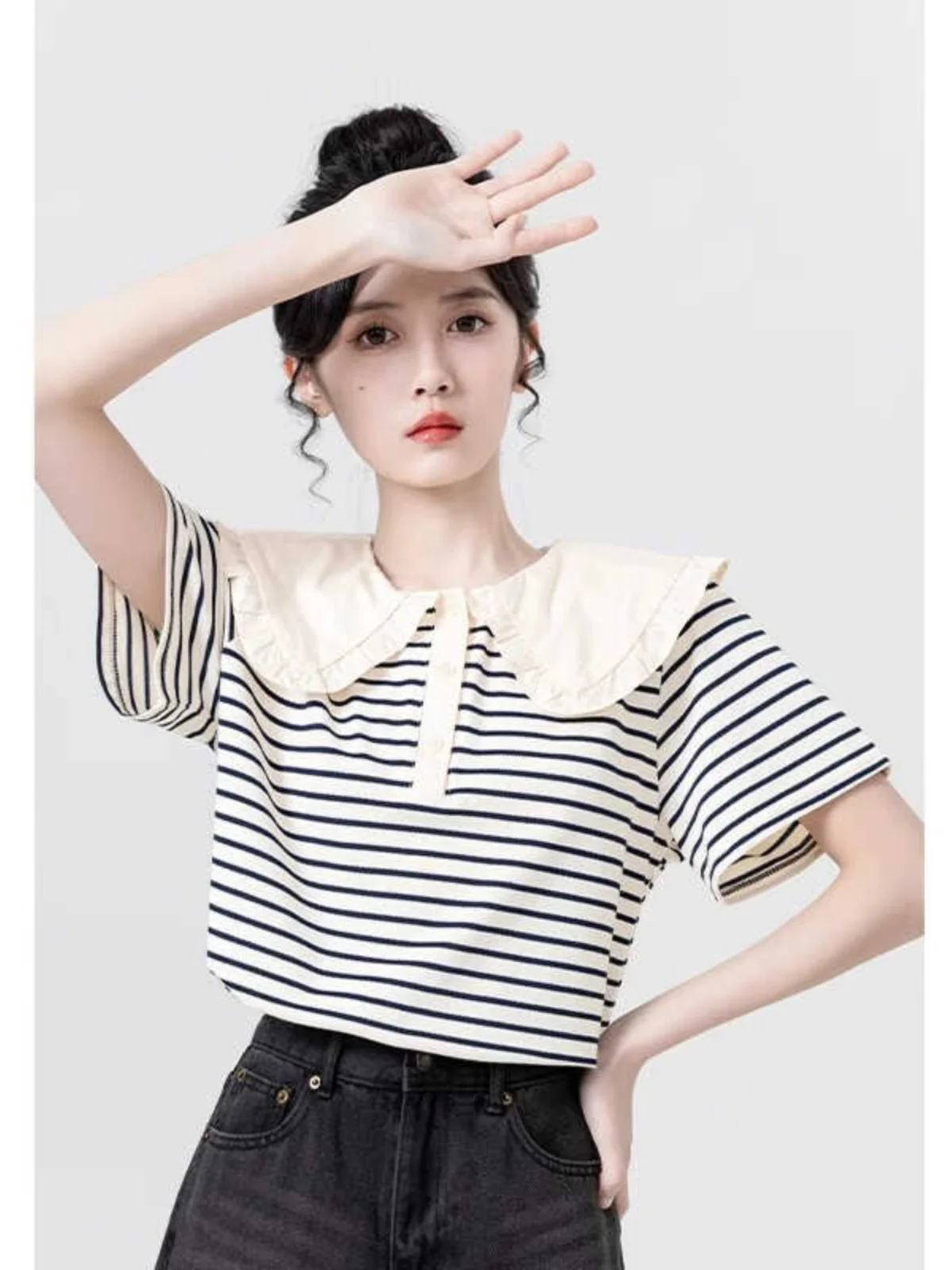 Summer New Striped Doll Collar Short Sleeve T-Shirt Women Loose Fit  Shirt Korean Style Commute Fashion Casual Top