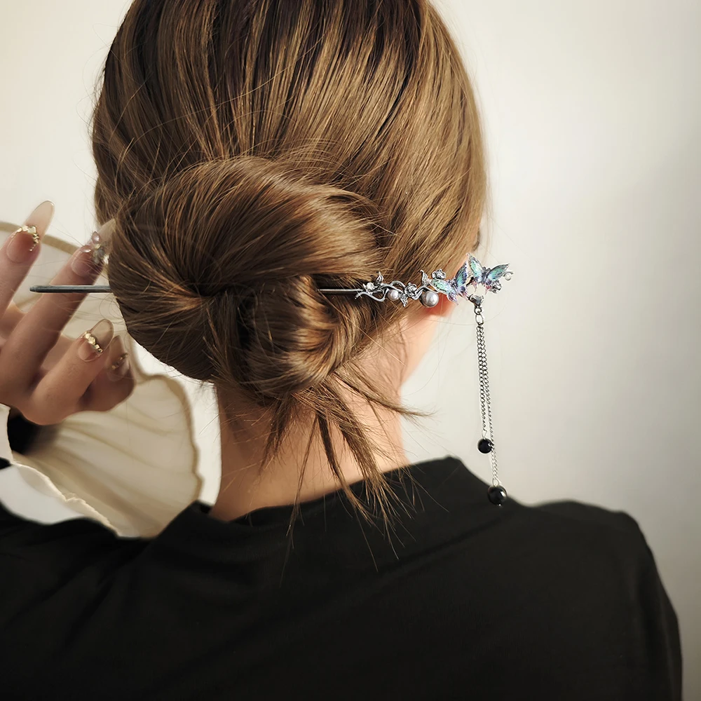 

Creative Purple Butterfly Hairstick Hairpin Jewelry Ethnic Chopstick Hairpin Faux Pearls Inlaid Beads Chain Tassel Hair Accessor