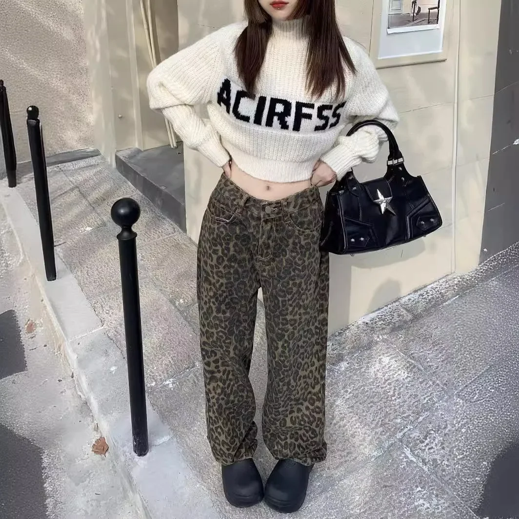 Rozciągliwe dżinsy z szerokimi nogawkami Spodnie damskie Vintage Leopard Print Jeans dla kobiet Spodnie sprane Spodnie Streetwear Jeans