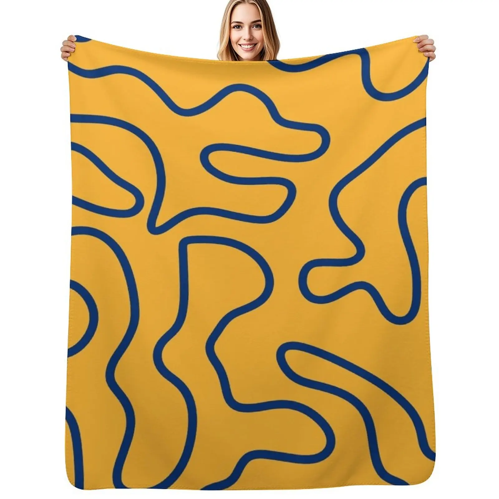 Squiggle Maze Minimalist Abstract Pattern in Navy Blue and Mustard Yellow Throw Blanket for babies Bed Blankets