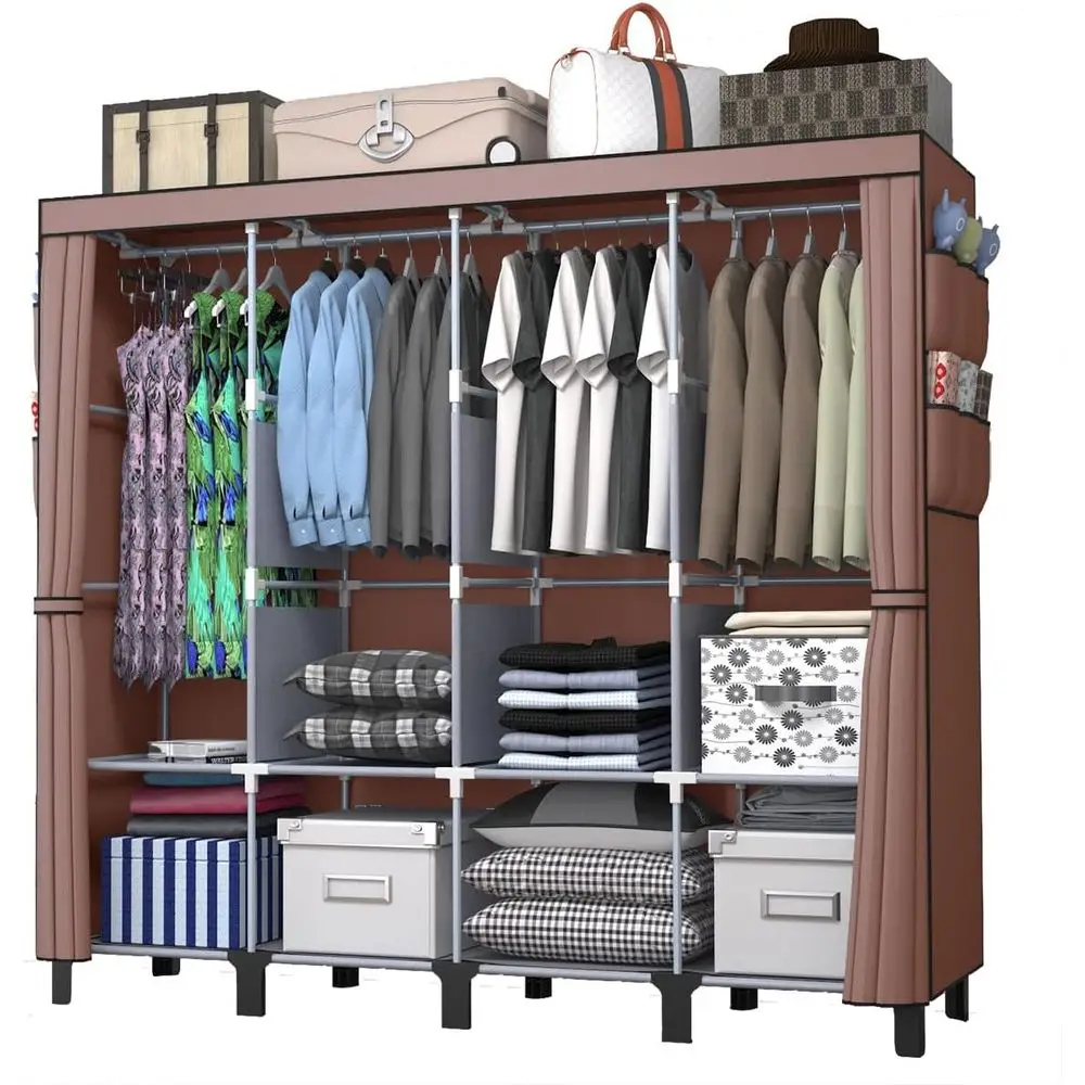 

Portable Wardrobe Designed or Hanging Clothing, 4 Hanging Poles and Organizer or Spacious Large Storage Space; This Simple Wardr