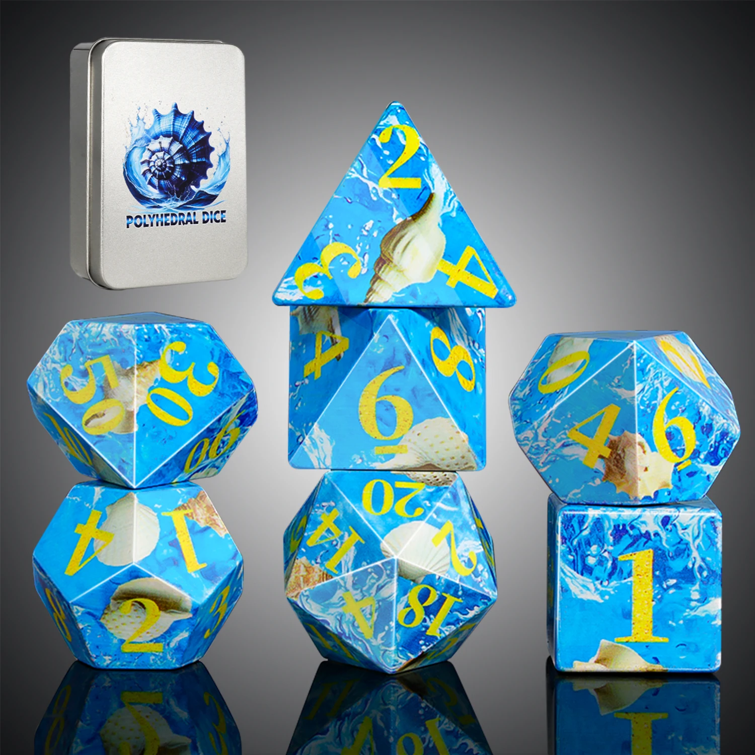 

Набор многогранных кубиков DND, 7 штук, океанский синий цвет с золотыми цифрами, дизайн в виде белой ракушки