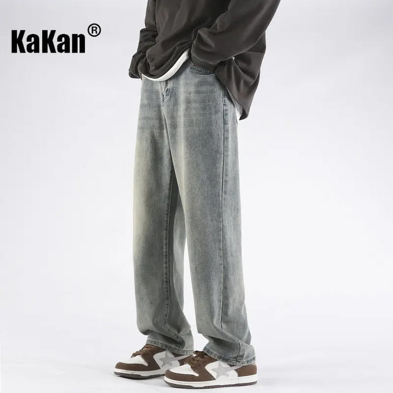 

Мужские джинсы в европейском и американском стиле Kakan, длинные синие винтажные джинсы с прямыми широкими штанинами, весна-лето
