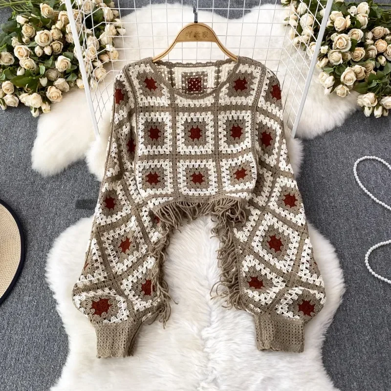 Bohemian Sweater For Women O-neck Hook Flower Hollow Vintage Sweaters Womens Plaid Autumn Pullovers Tassel Almighty Dropshipping