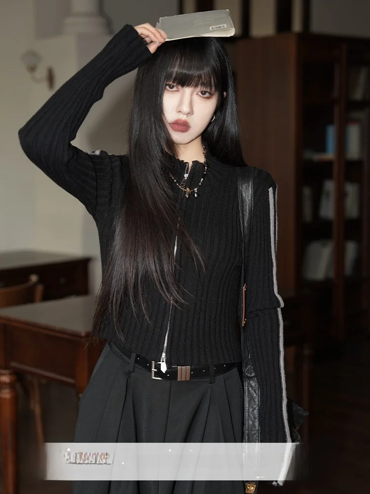 

Retro Sle Zipper Knitted Sweater Jaet Women's Slim Fit ort Length Bla Striped Outerwear Warm Commute Suitable