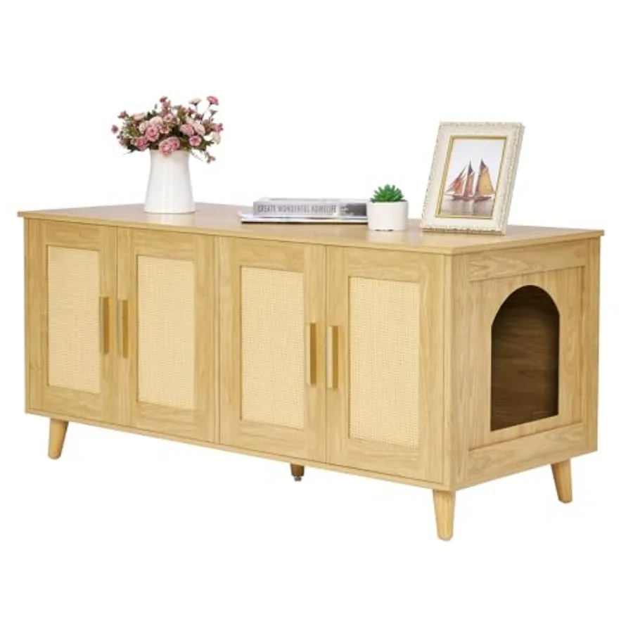 

Boho Cat Litter Box Enclosure for 2 Cats, Wooden Cat Washroom Furniture with Double Rattan Decorated Doors, Pet House, 47.2"L x